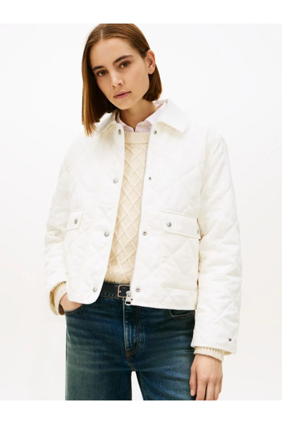 Tommy Hilfiger Women's Regular Fit Waterproof Quilted Patterned Long Sleeve White Jacket Ww0Ww47998-Ya8