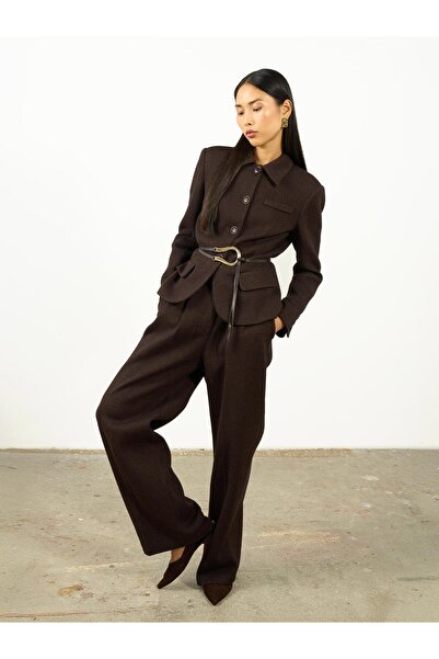 Juste Dokulu Pileli Palazzo Pantolon Kahverengi