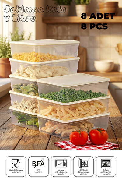 Mefa Mutfak Refrigerator Organizer Storage Container Suitable for Microwave and Freezer Set of 8 - 4 Lt-Cream