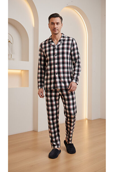 Pijadore طقم بيجامة رجالي بنقشة مربعات، طقم بيجامة رجالي بأزرار على الطول الكامل