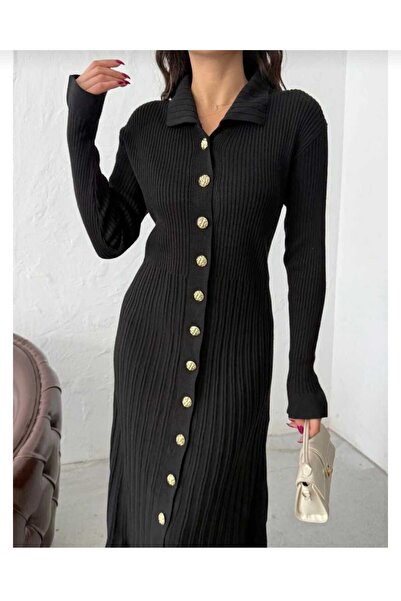 Sfg Life Moda قميص نسائي بياقة أنيقة وأزرار ذهبية وفستان تريكو طويل قماش مجدّل