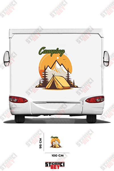 STİCKERCI BEY ملصق كارافان مطبوع عليه عبارة 'CAMPING' وصورة جبل وخيام