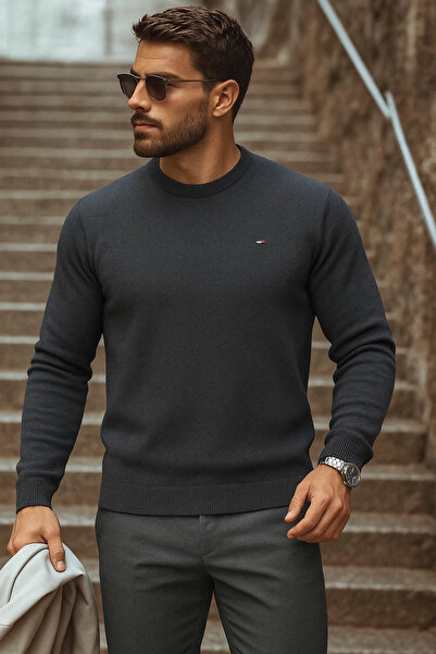 comstar سترة تريكو رجالية كاجوال بياقة دائرية وتصميم مدخن