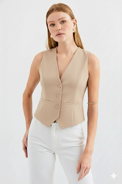 ribana Women's Double-Breasted Cut Slim Fit V-Neck Button Detailed Vest