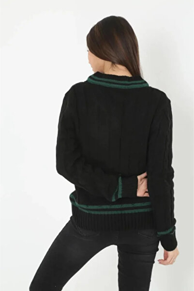 Giyimodam V-Neck Braided Sweater - Black