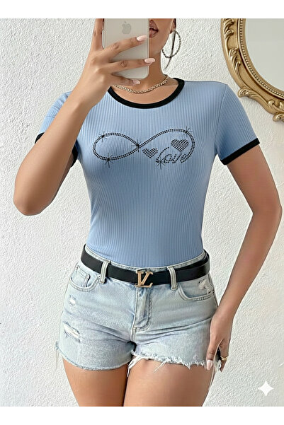 MaxiMor Women's Blue Color Crew Neck Basic Slim Fit Short Sleeve Body Full Stretch Fabric Full Fit Length 55Cms