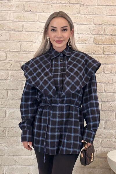 Muna Boutique Lacivert Şal Detaylı Ekose Kadın Gömlek
