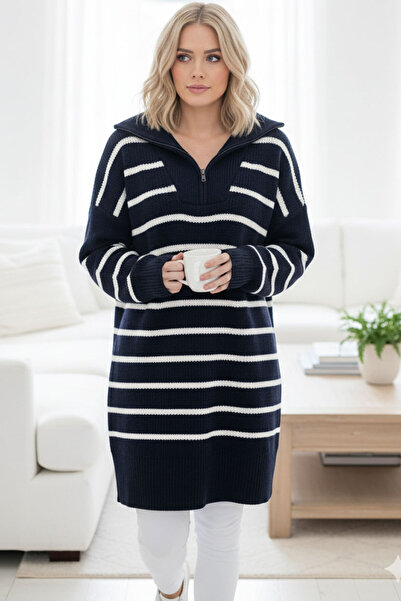Millionaire Women's Navy Blue White Striped Oversized Fisherman Zipper Collar Tunic Dress Knitwear Sweater