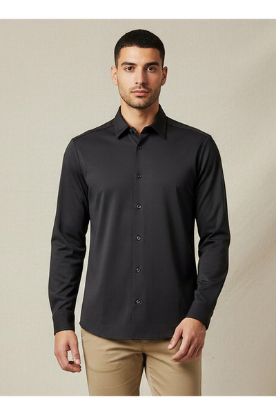 Iconic قميص رجالي قصة ضيقة وياقة وأكمام طويلة بدون خياطة