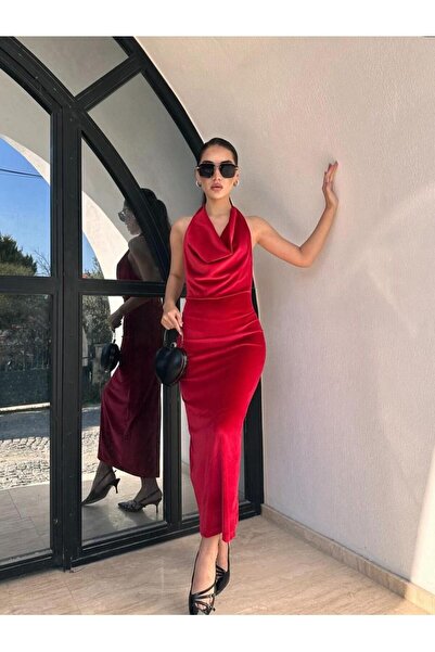 Betül Nayir Degaje Collar Velvet Dress -Red