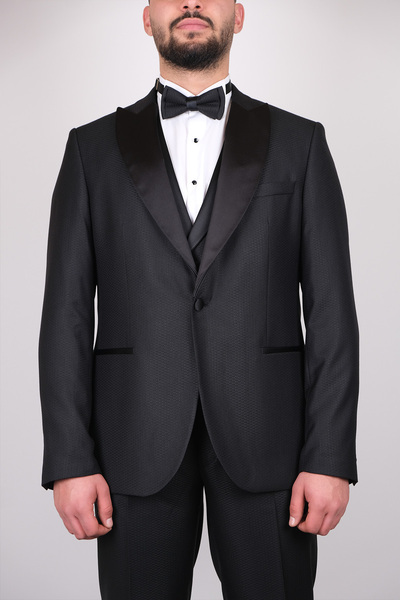 SERKAN SEVİNÇ Slim Fit Erkek Geniş Yaka Armürlü Smokin