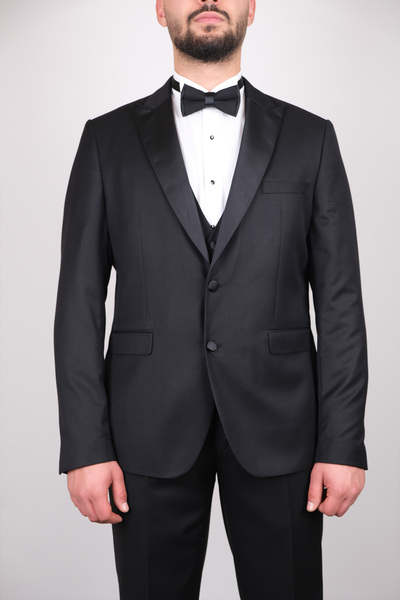 SERKAN SEVİNÇ Slim Fit Erkek İtalyan Yaka Dokulu Yelekli Smokin