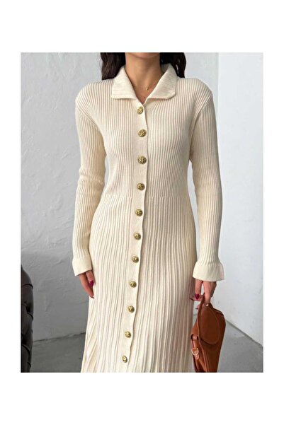 HİRA LİFE FASHİON Kadın Gömlek Yaka Şık Gold Düğmeli Ve Fitilli Uzun Triko Gö...