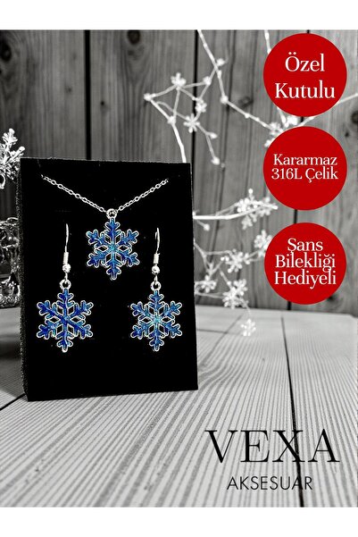 Vexa Aksesuar Kar Tanesi Çelik Kolye Küpe Seti Özel Kutulu Şans Bileklik Hediyeli