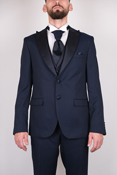 SERKAN SEVİNÇ Slim Fit Geniş Sivri Yaka Armürlü Yelekli Smokin