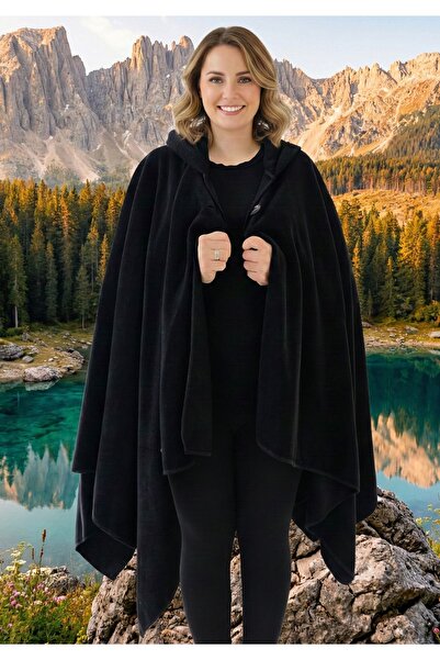 Exve Exclusive Black Warm Anti-Pilling Fleece Hooded Unisex Outdoor Camper Poncho Winter Buttoned Shawl