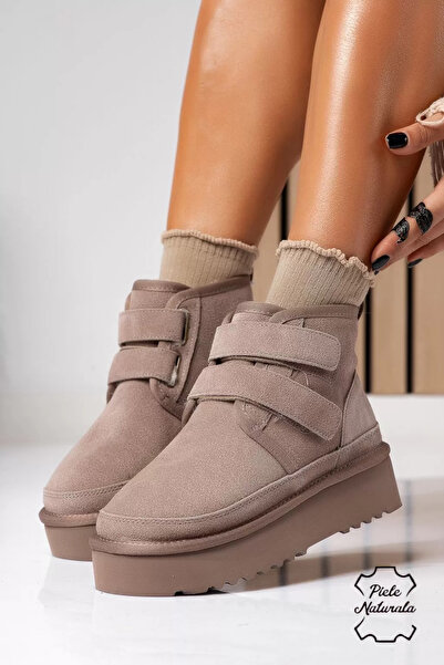 Zaira Cizme scurte dama imblanite tip Ug bej din piele naturala intoarsa Carl...