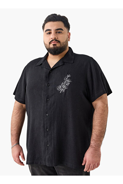 FAV Plus Size Floral Embroidered Collared Linen Blend Shirt