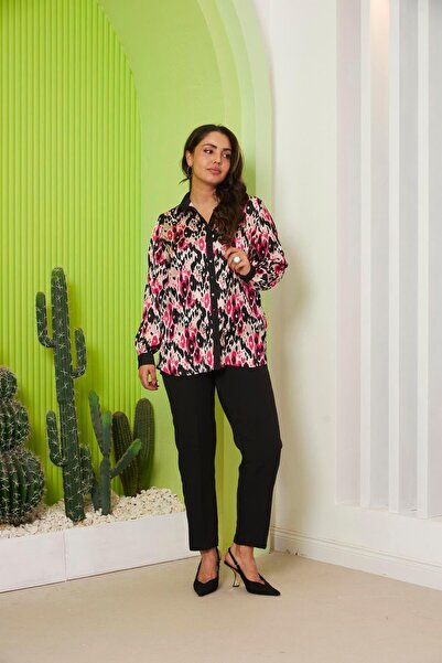 RMG Large size fuchsia satin shirt with sleeve detail pattern