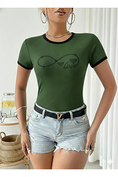 YUSUF CAN KARATAŞ KARATAŞ GİYİM Women's Khaki Color Crew Neck Basic Slim Fit Short Sleeve Body Full Stretch Fabric Full Fit Length 55Cms