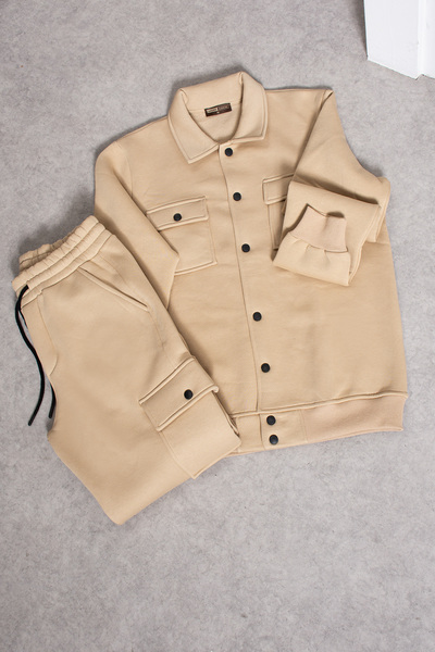 grand coco Erkek 3 İplik Şardonlu Bej Açık Paçalı Kargo Cepli Eşofman Takımı