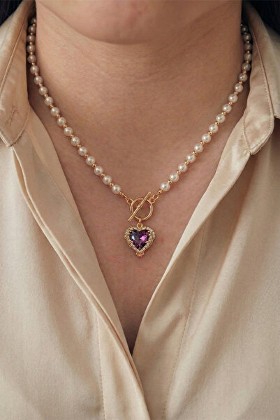 lumosart İnci Detaylı Kalp Taşlı Charm Kolye – Zirkon Kalp Ucu ve Halka Kilit...