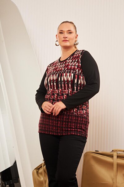 RMG Plus Size Patterned Knitwear Blouse Claret Red