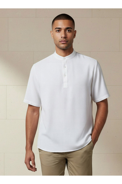 FAV Men Mandarin Neck Textured Short Sleeves Shirt