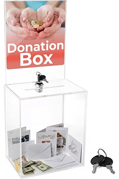 Slasa صندوق تبرعات/اقتراحات شفاف مزود بقفل وحامل لافتة عرض، 16 × 8 × 6 بوصة