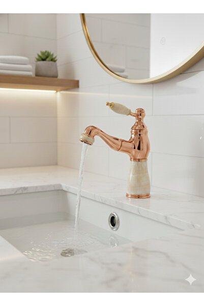 EMFA AKSESUAR صنبور حوض غسيل بتصميم حلزوني نحاسي مع تفاصيل رخامية - صنبور حوض...