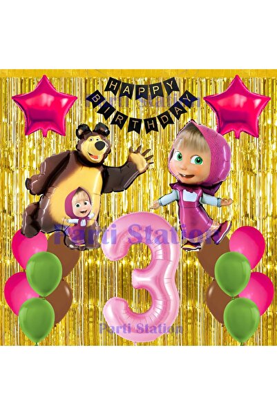Parti Station Masha ve Koca Ayı Temalı 3 Yaş Balon Doğum Günü Süsleme Seti Fo...
