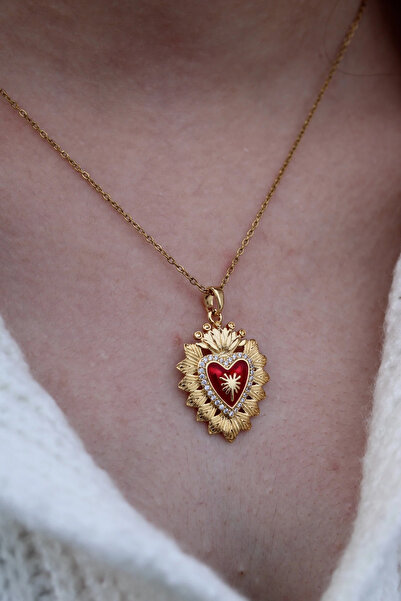 Harlofia Jewelry Çelik Vintage Kraliyet Kırmızı Kalp Kolye