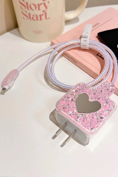 Kokoş Pembe Renk Kalp Figürlü Ayna Detaylı Şarj Kablosu/ Adaptör Koruyucu Kılıf