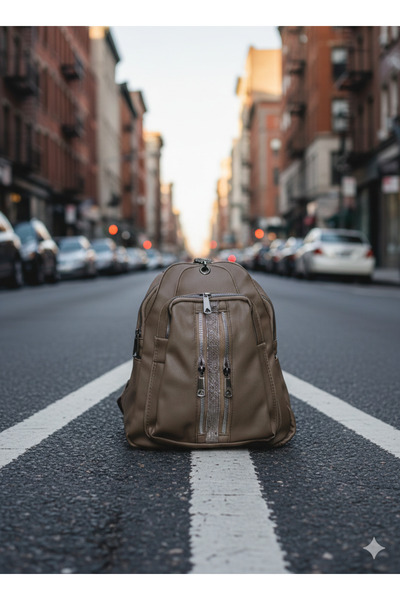DEMİR ACCESORİES Women's Mink Color Stone Stripe Detail Multi-Pocket Backpack