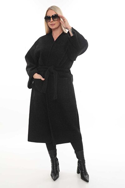 cheen Women's Black Imported Cashmere Fabric Trendy Coat with Belt Detail