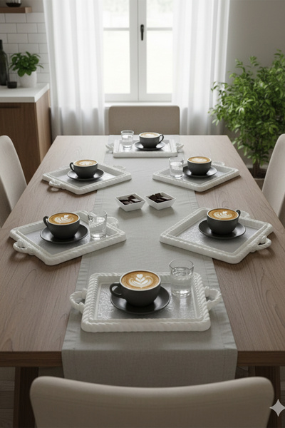 Home طقم صواني تقديم قهوة من نيفورا، 6 قطع، مستطيلة الشكل، بيضاء اللون