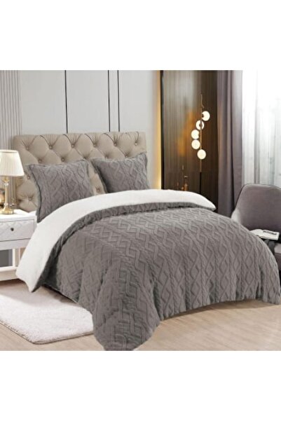 OEM Cocolino Knitted Fleece Duvet with Fur & 2 Pillowcases, Gray, 200x230 cm (Set for 2)