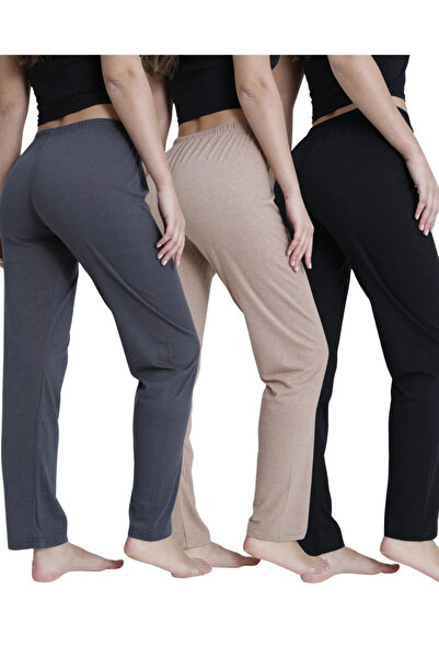 DONEX 3-Piece Cotton Thin Breathable Fabric Ribbon Waist Detail Solid Pocketless Women's Pajama Bottoms