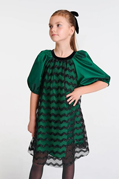 SheShe She&She 4-12 Years Old Balloon Sleeve Dress - Green