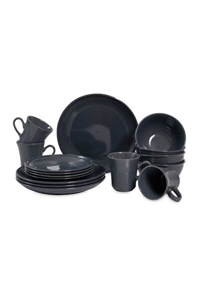 LA' PRECIOUS Davos 16-Piece Stoneware Textured Dinner Set, Black