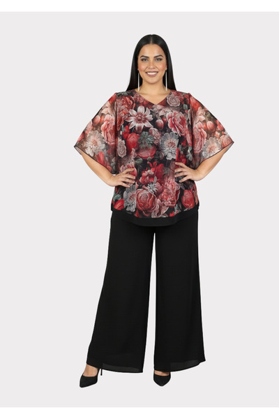 LİLAS XXL Büyük Beden Siyah Kırmızı Çiçek Desenli Şifon Bluz