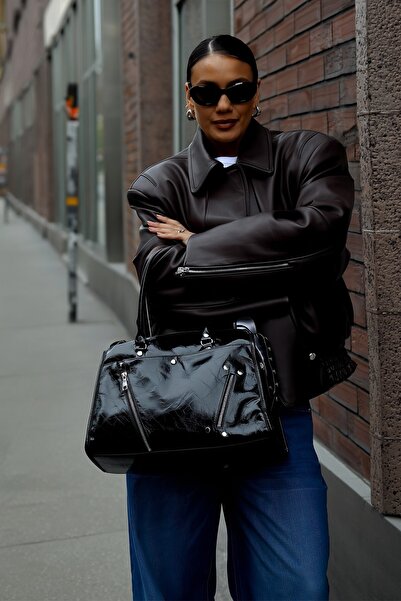 BAHELS Women's Staple Black Leather Large Shoulder Bag