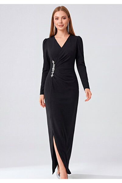 Little Visqon Siyah Uzun Kollu Özel Tasarım Yanları Taş Detaylı Yırtmaçlı Abi...