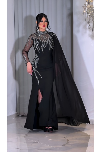 NHMODA Şifon Pelerin Detaylı Taş İşlemeli Yırtmaçlı Abiye