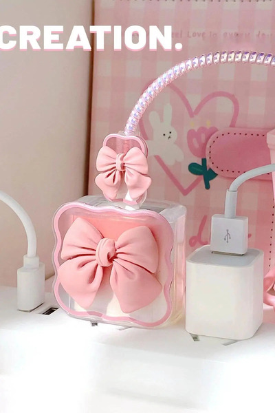 Kokoş Pembe Renk Kurdele Figürlü Şarj Kablosu/ Adaptör Koruyucu Kılıf