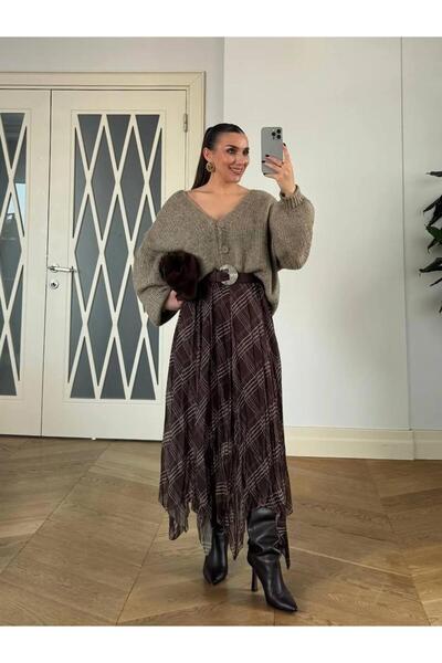 Betül Nayir Καρό Φούστα Ασύμμετρης Κοπής - Καφέ