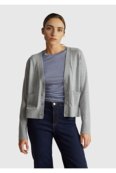 United Colors of Benetton Women's Gray Melange 100% Wool Front Pocket Detailed Buttoned V-Neck Cardigan