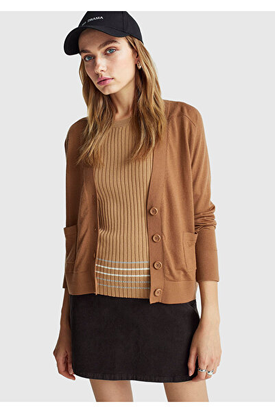 United Colors of Benetton Women's Tan 100% Wool Buttoned V-Neck Cardigan with Front Pocket Detail