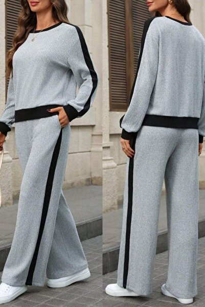 Mossta Crew Neck Striped Fleece-Lined Ribbed Knit Blouse Pants Two-Piece Set - Gray