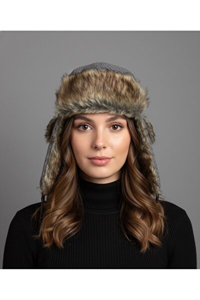 Şirin Giyim Aksesuar Pilot Şapka Tüylü Kayak - Gri Kadın Kalpak Kürklü Rus Bere